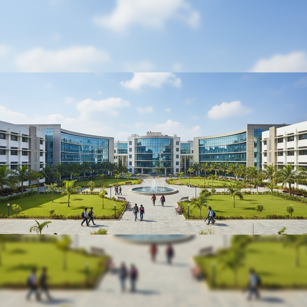 Modern college campus building with green lawns and contemporary architecture