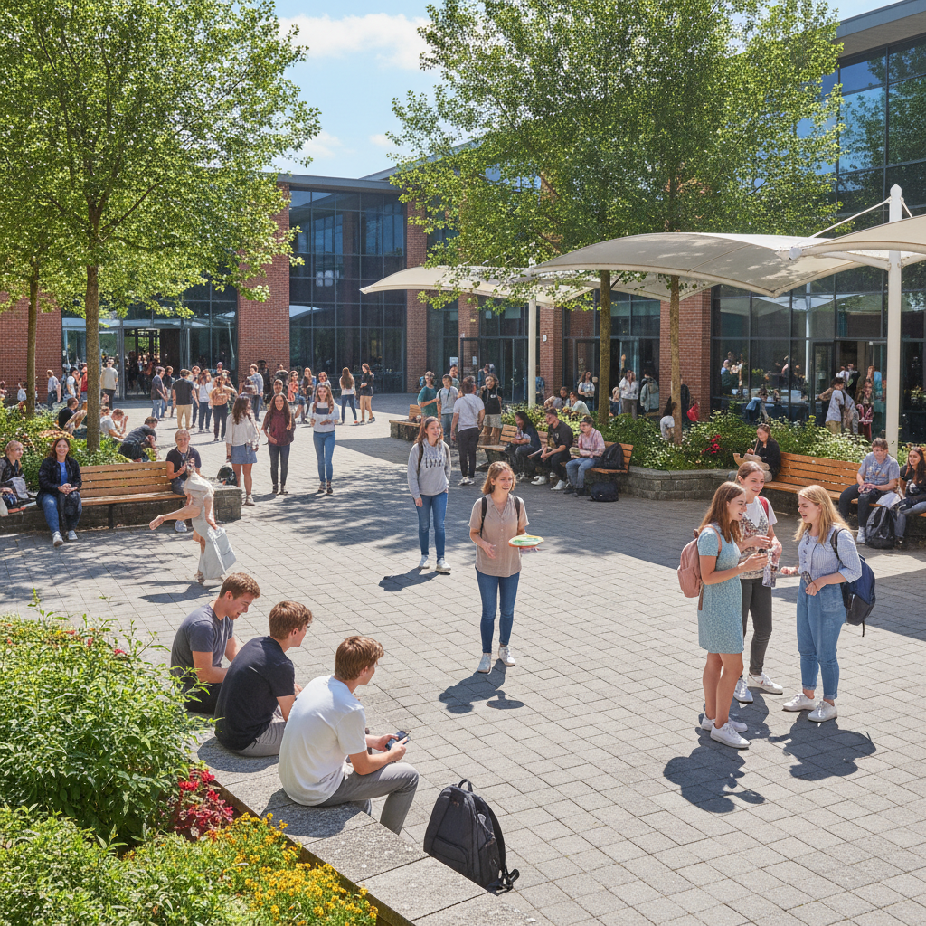 Students learning outdoors in forest setting, bright educational environment with trees
