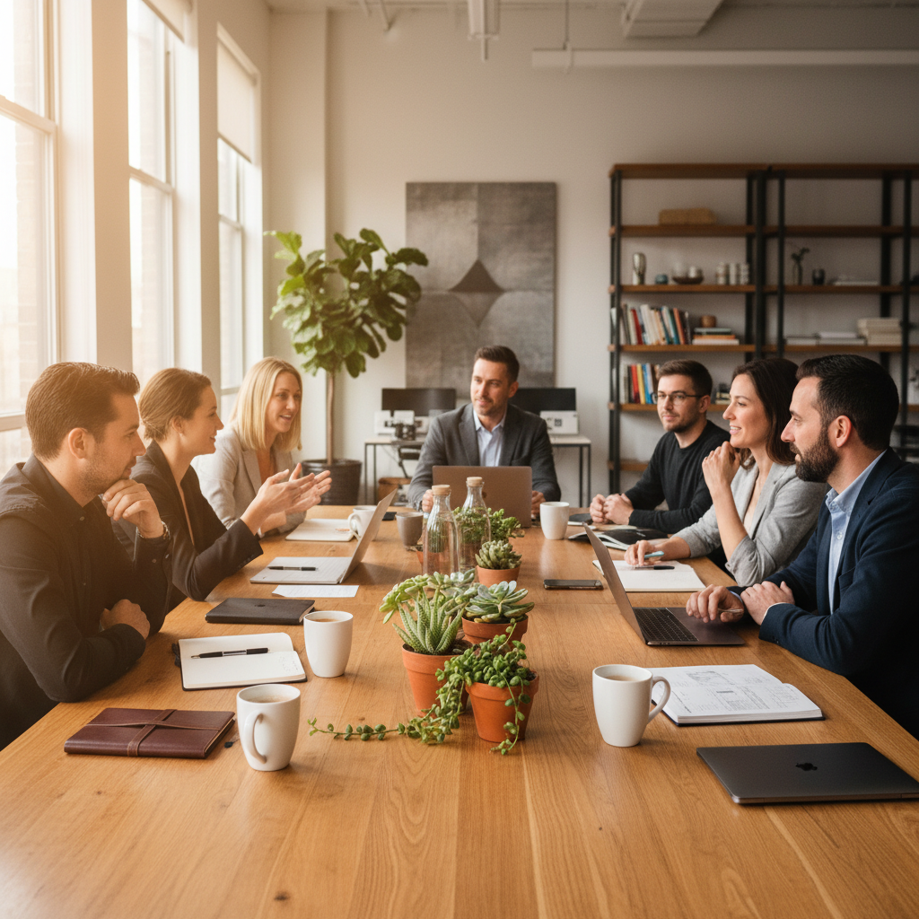 Eight agency founders mid-conversation around a long oak table, coffee cups half-empty, laptops closed, natural window light across notebooks and succulents