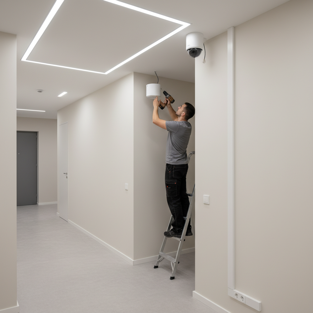 Technician installing security camera in modern apartment corridor with concealed cable routing