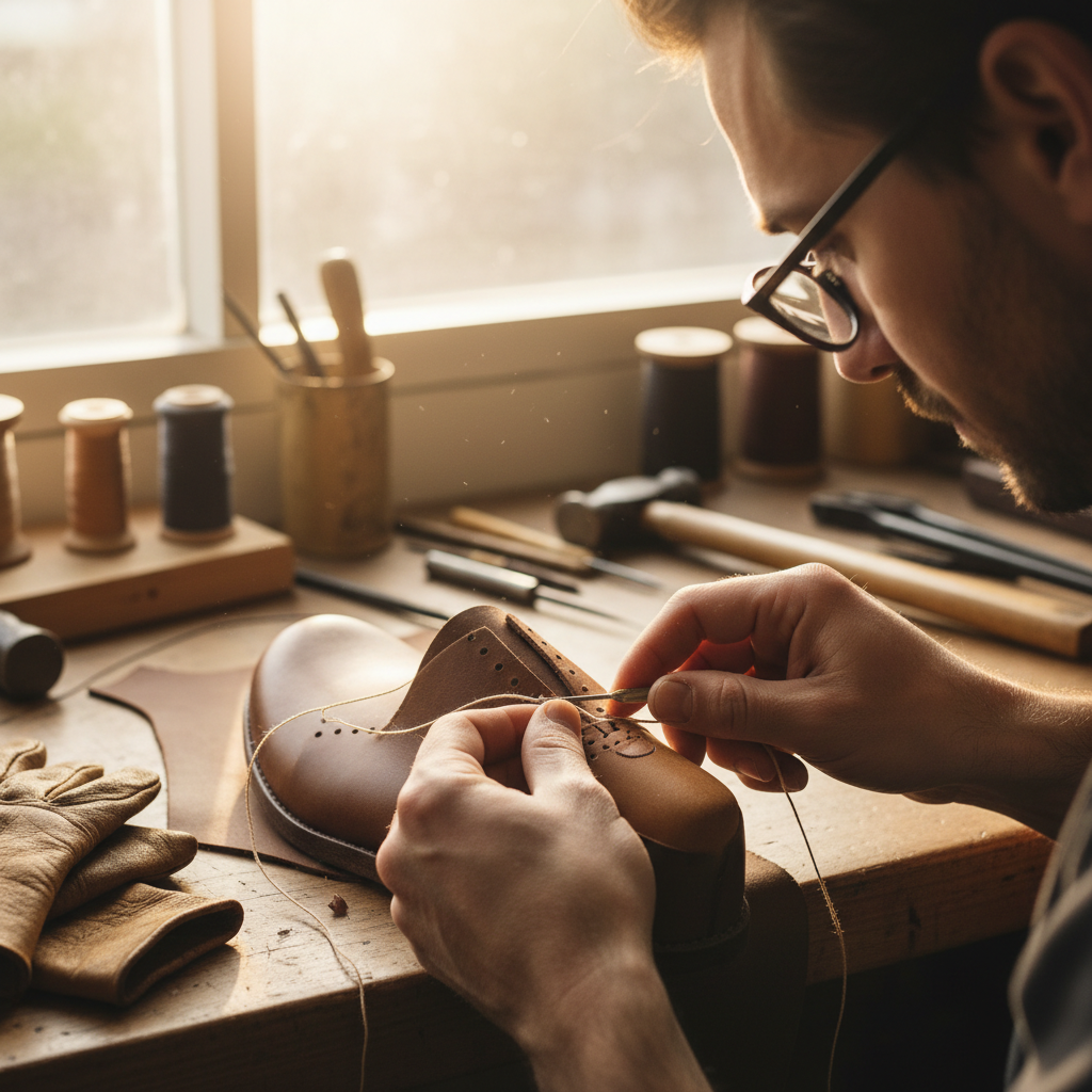 Leather craftsman at work bench, focused on hand stitching, natural light from side window, calm workshop atmosphere