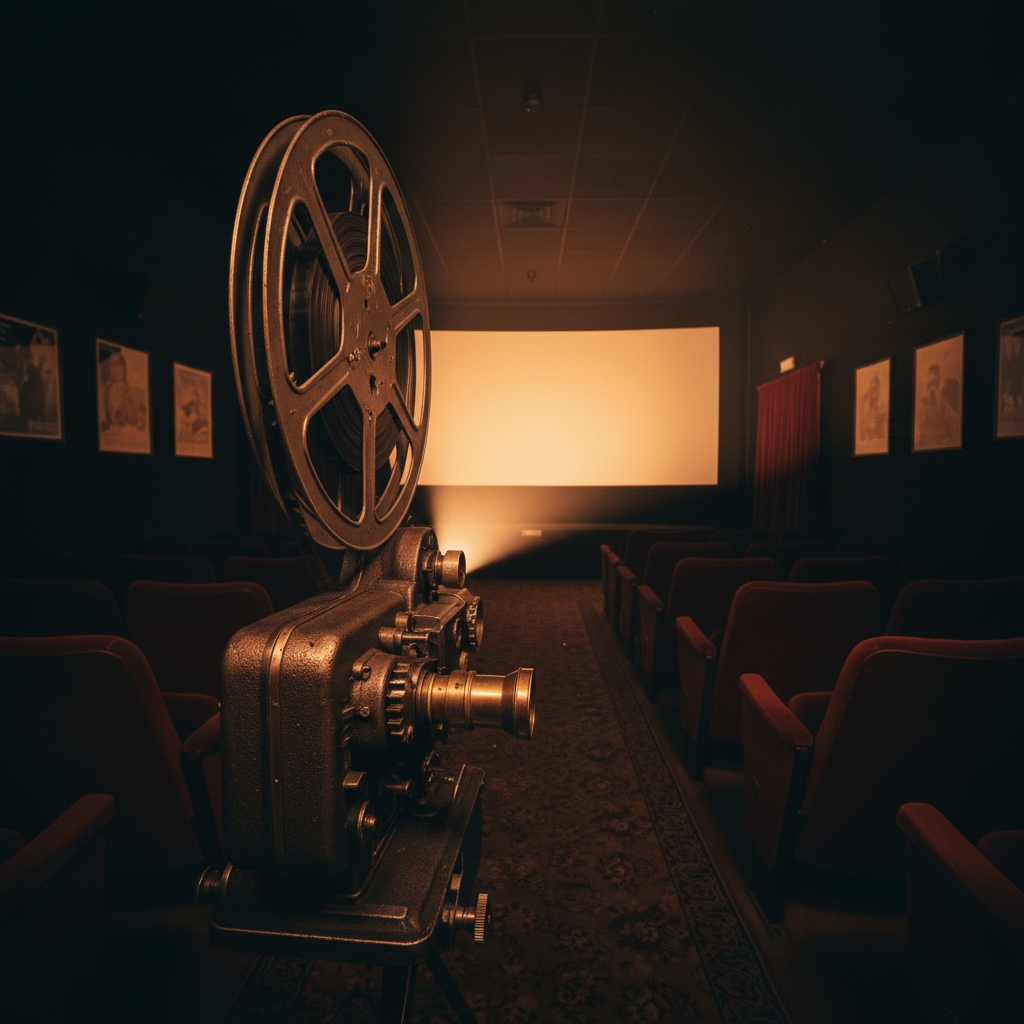 Cinema screen in darkened theatre, moody cinematic atmosphere with deep shadows and warm amber projection light