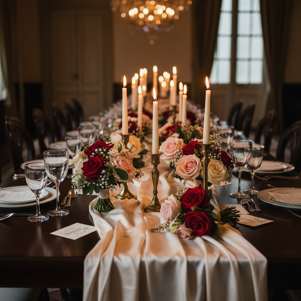 Elegantly styled dining table with silk runner, tapered candles in brass holders, hand-tied garden roses and calligraphed menus