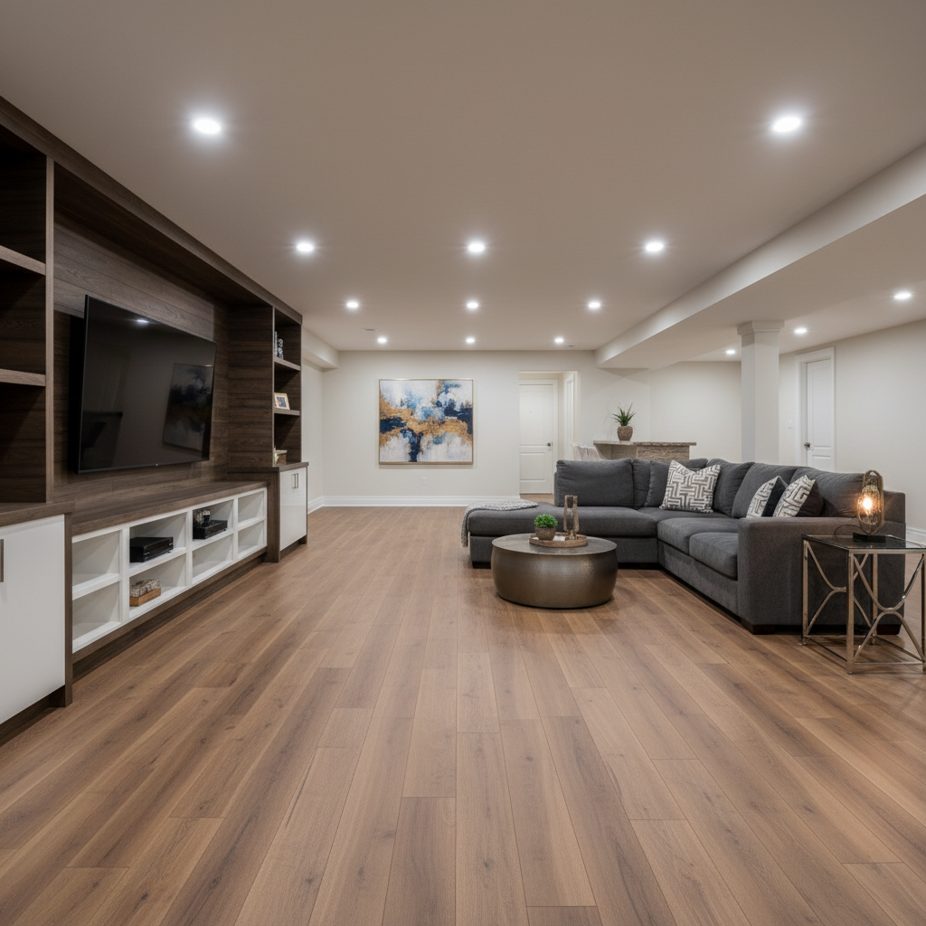 Finished basement with recessed lighting, luxury vinyl plank flooring, and modern entertainment center