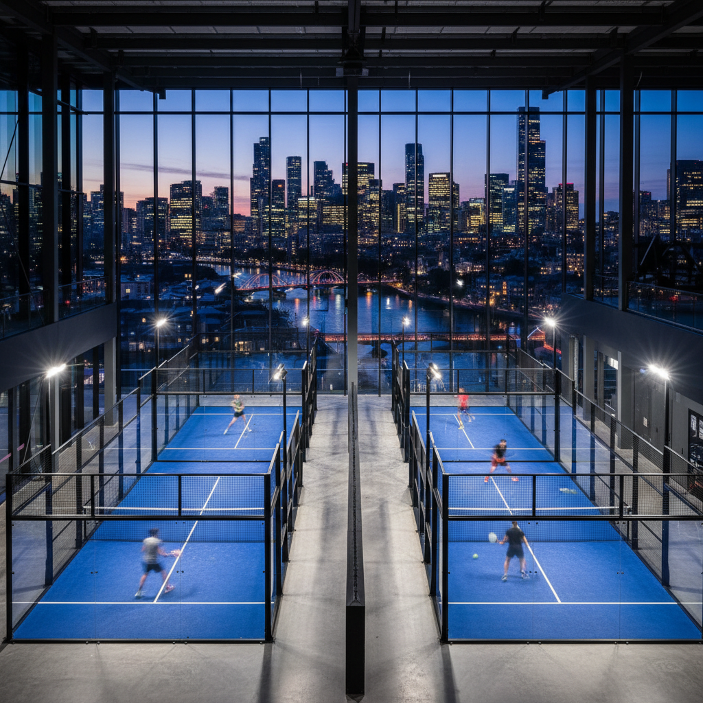 Smash South Bank padel courts, three indoor courts with panoramic city views, professional LED court lighting at evening