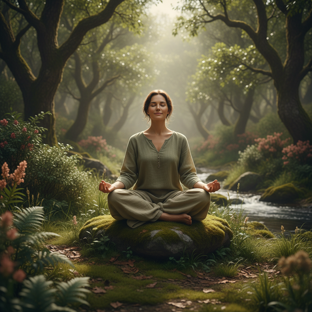 Calm person meditating outdoors in sunlit garden with green plants surrounding them in peaceful setting