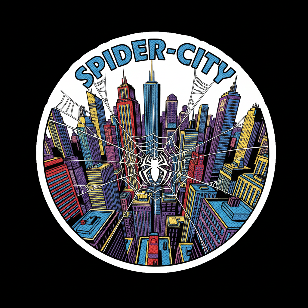 Colorful comic book style cityscape with vibrant neon colors and dynamic perspective