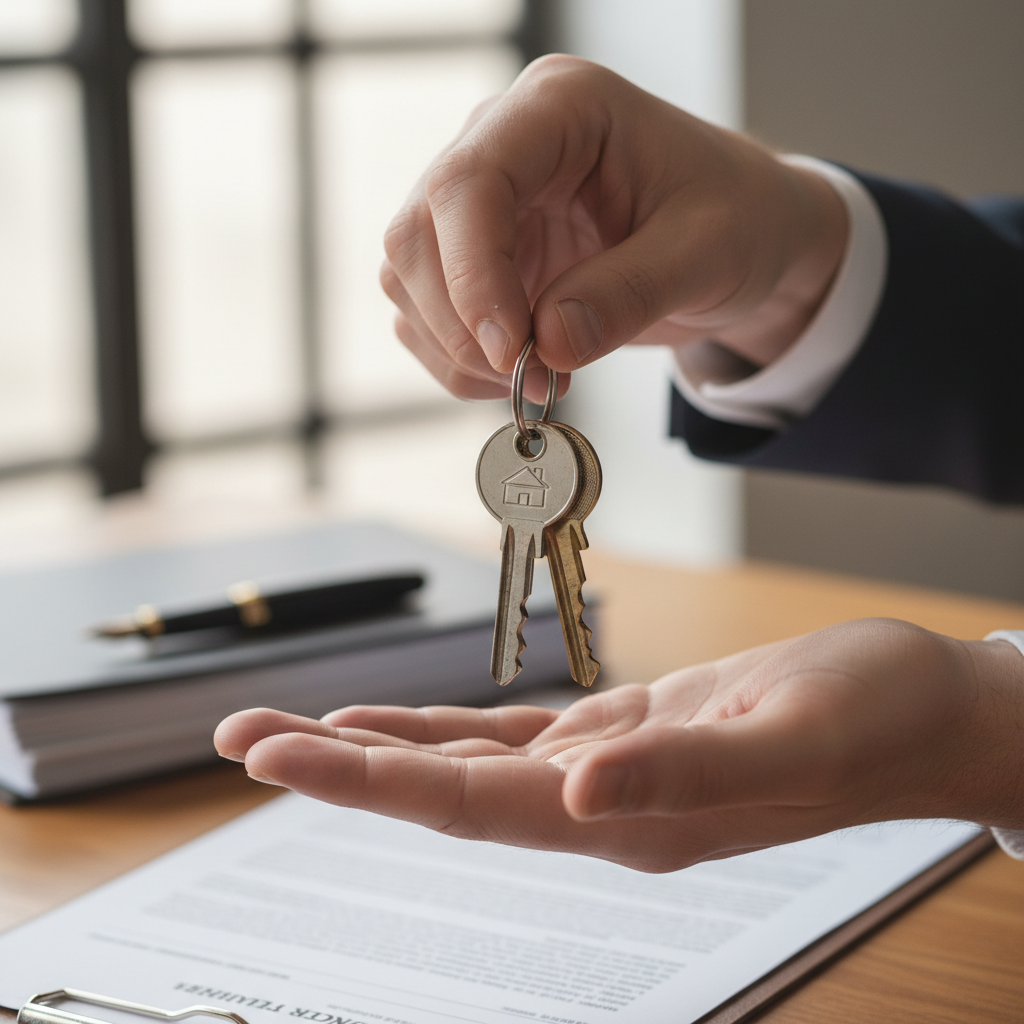 House keys on mortgage documents with miniature house model