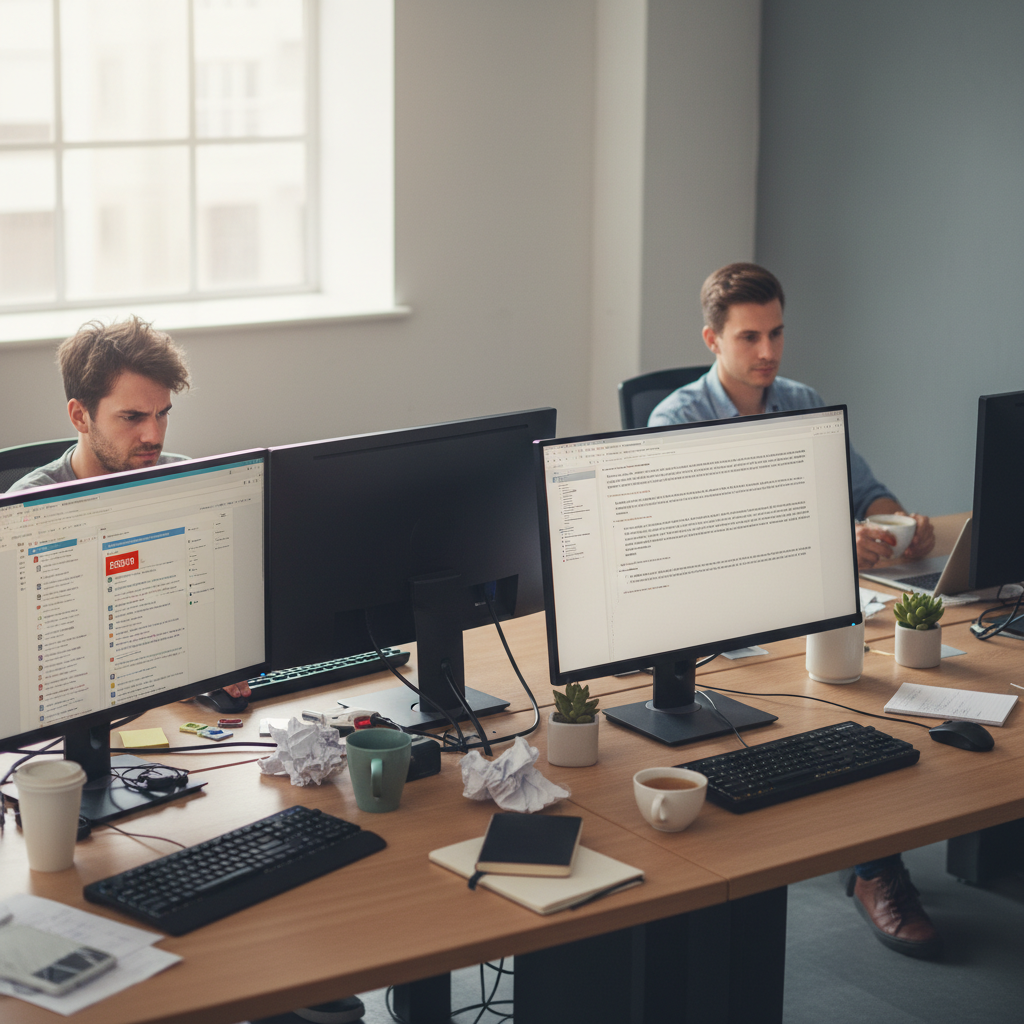 Ben Hartley, developer, looking at dual monitor setup with code and design tool open side by side