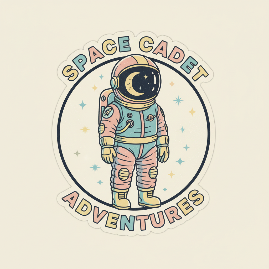 Retro style astronaut illustration in space magnet with pastel colors