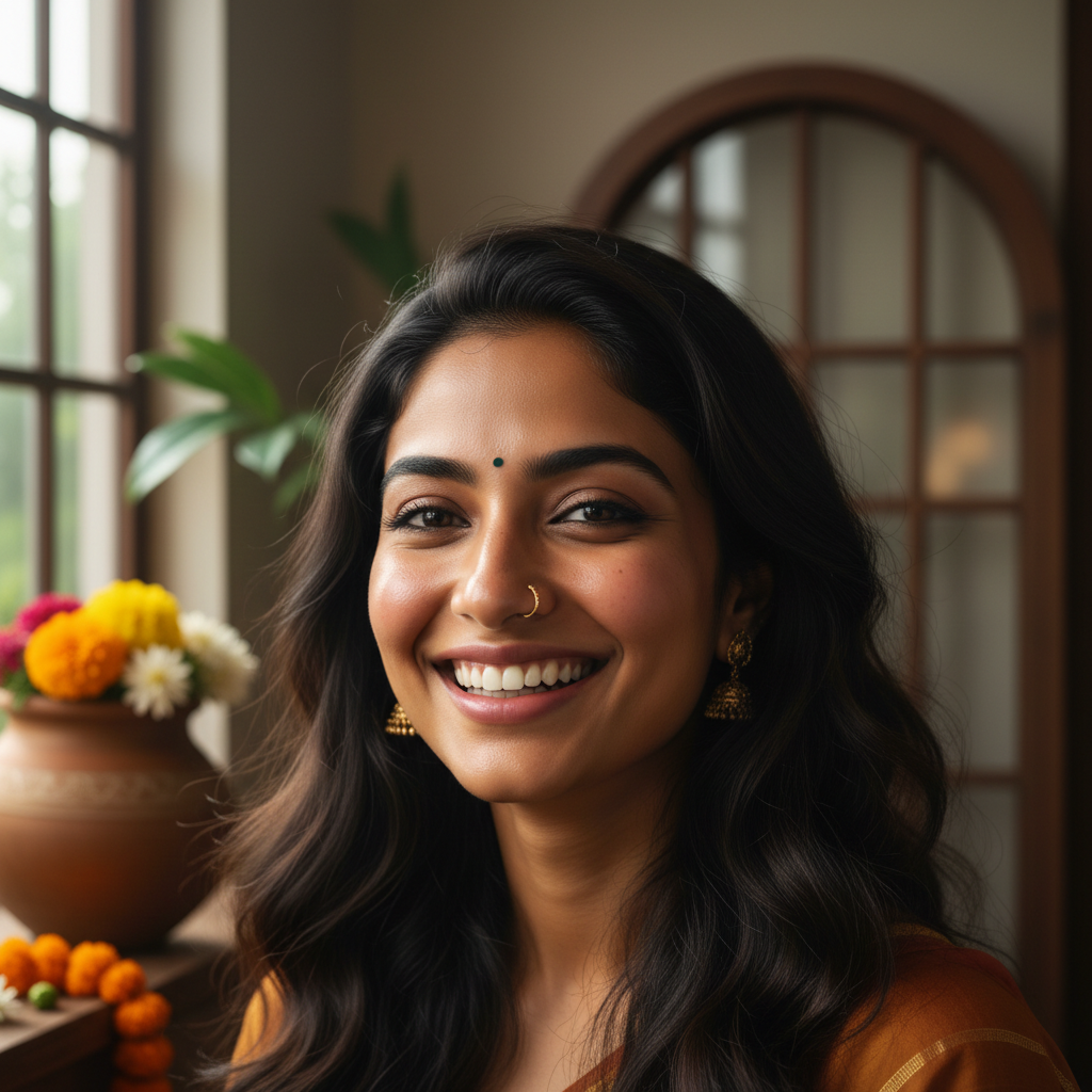Indian woman with healthy skin, natural light, gentle smile