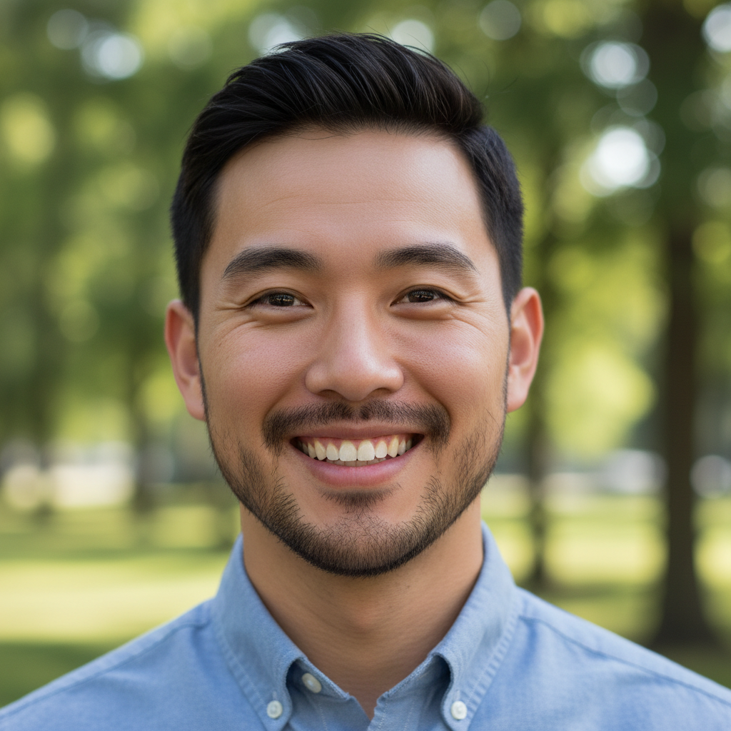 Portrait of Ethan Nakamura, an Asian-American young man on a university campus