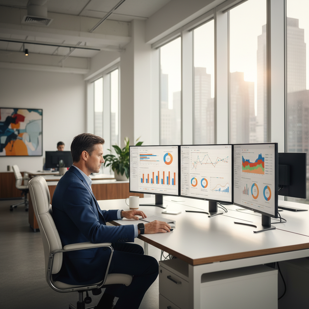 SaaS CMO reviewing analytics dashboard in modern workspace