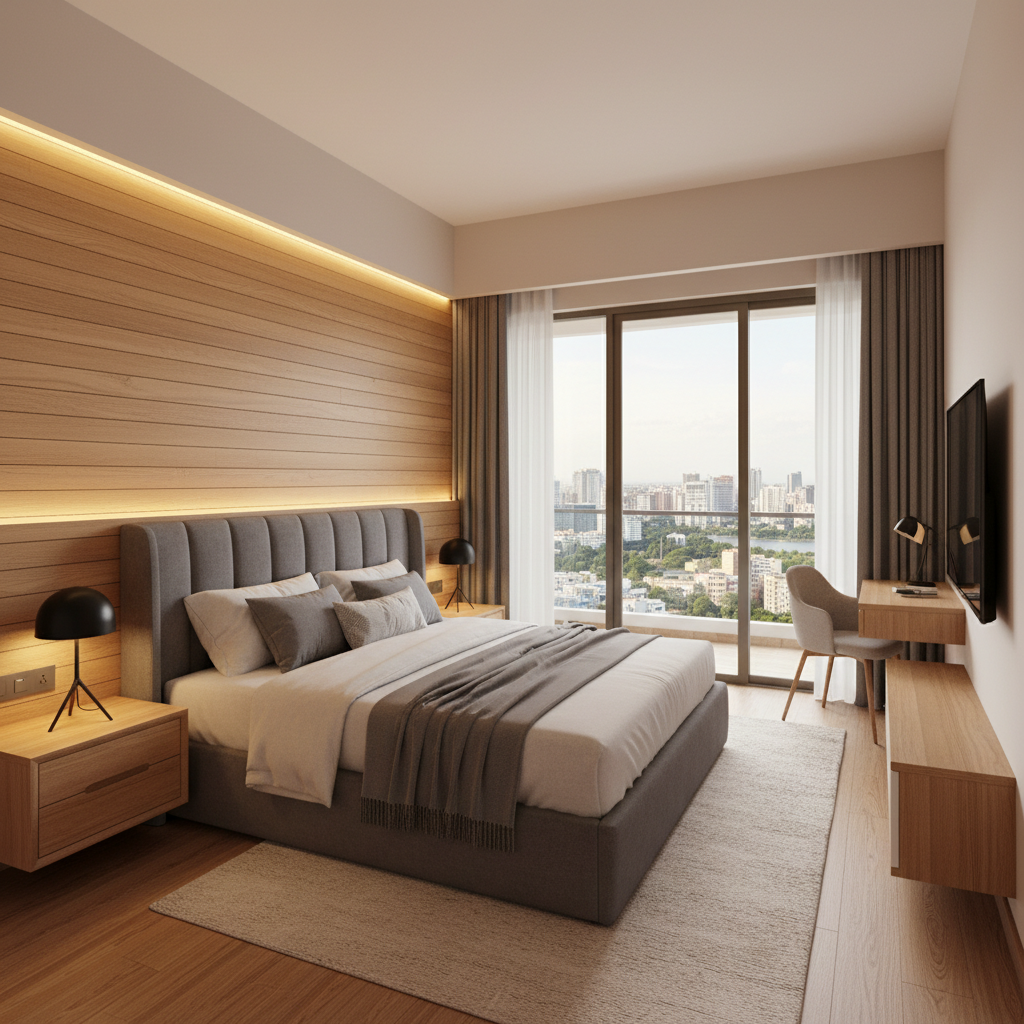 Elegant 2BHK apartment with wooden accents and semi-furnished interiors