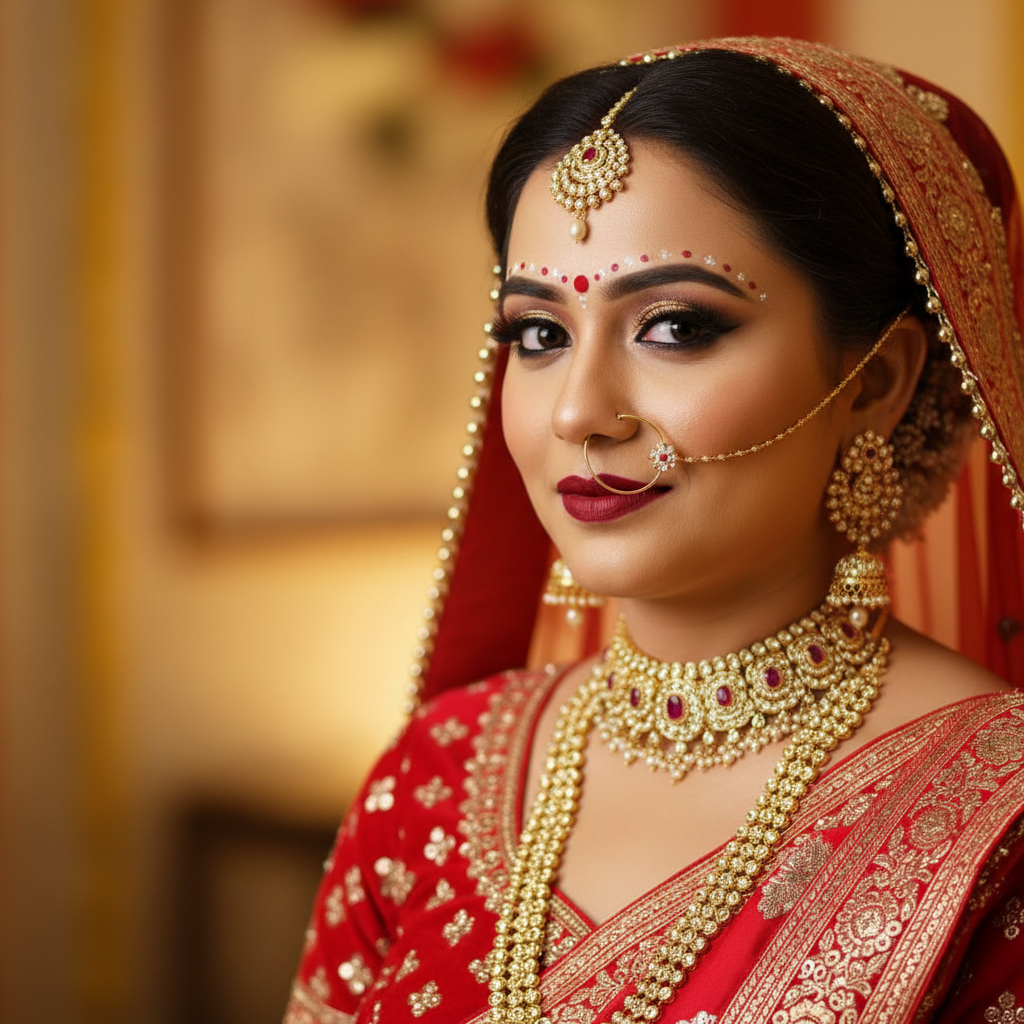 Traditional Indian bridal makeup with heavy gold jewellery and red lehenga