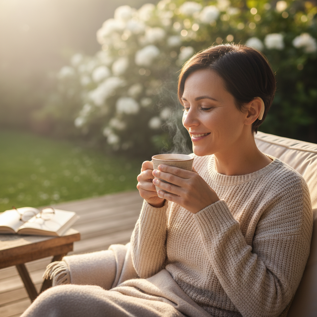 Warm lifestyle photograph of a person enjoying morning coffee, hearing aid visible behind ear