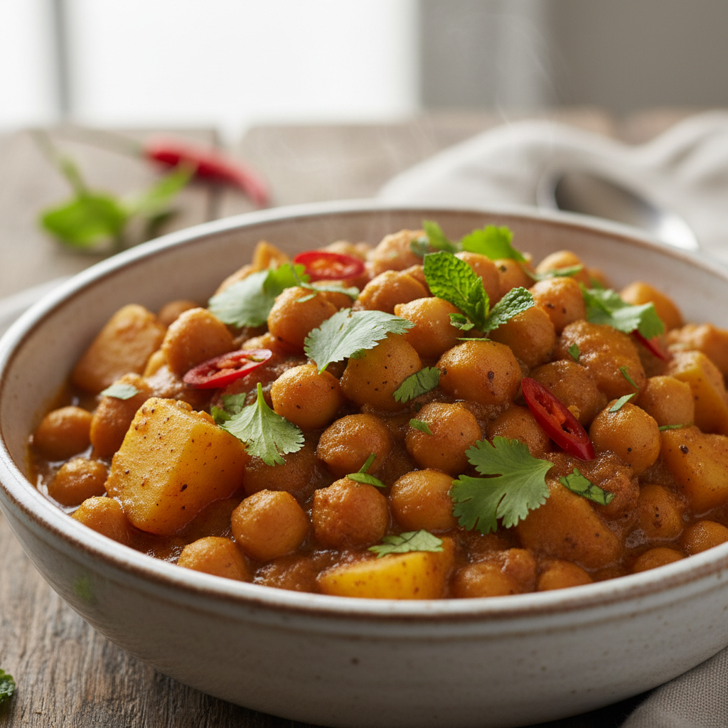Curry channa and aloo in a bowl with fresh herbs