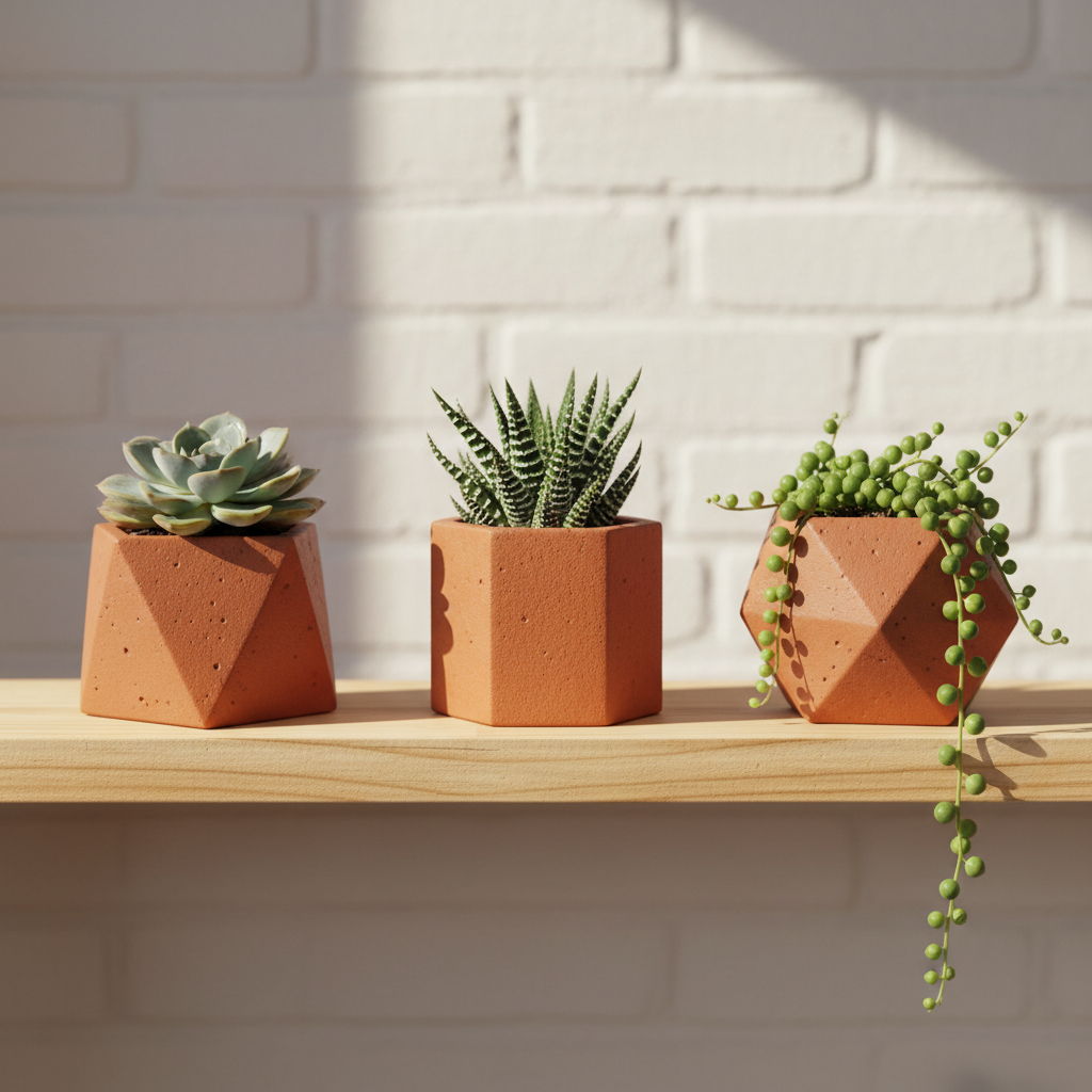 Set of speckled matte ceramic planters in earth tones arranged by size on wooden shelf