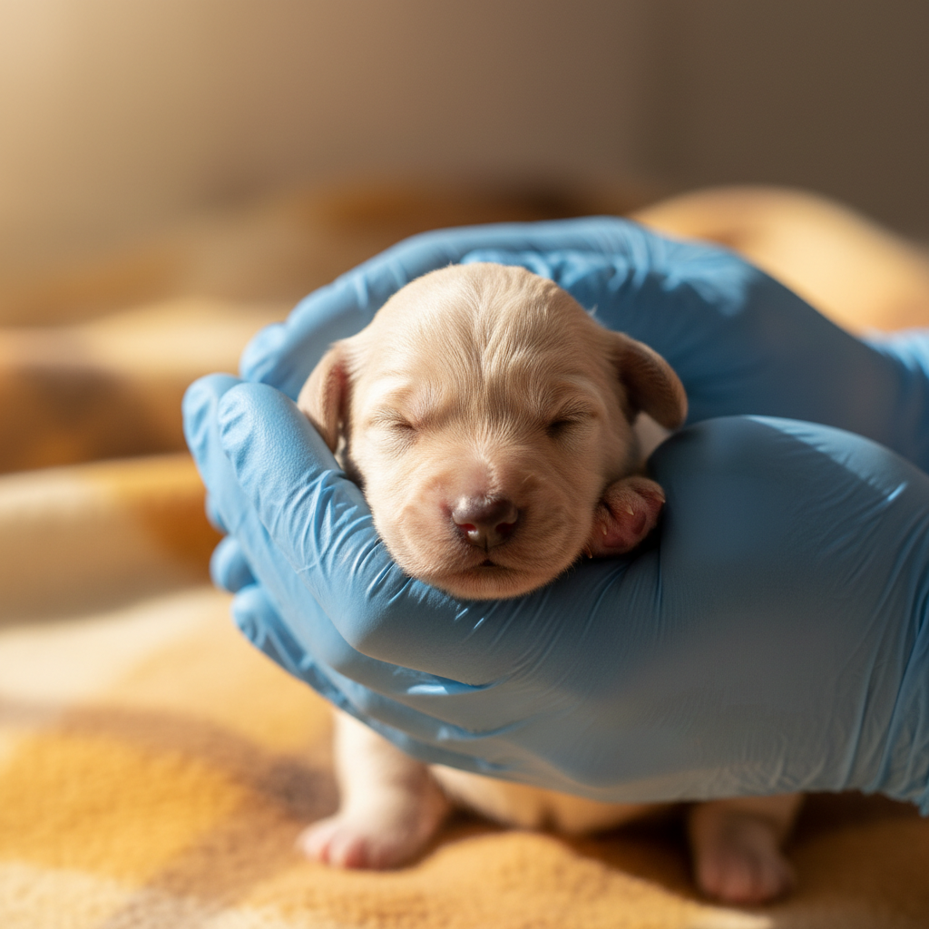 Breeder gently holding a tiny newborn puppy with gloved hands under warm light