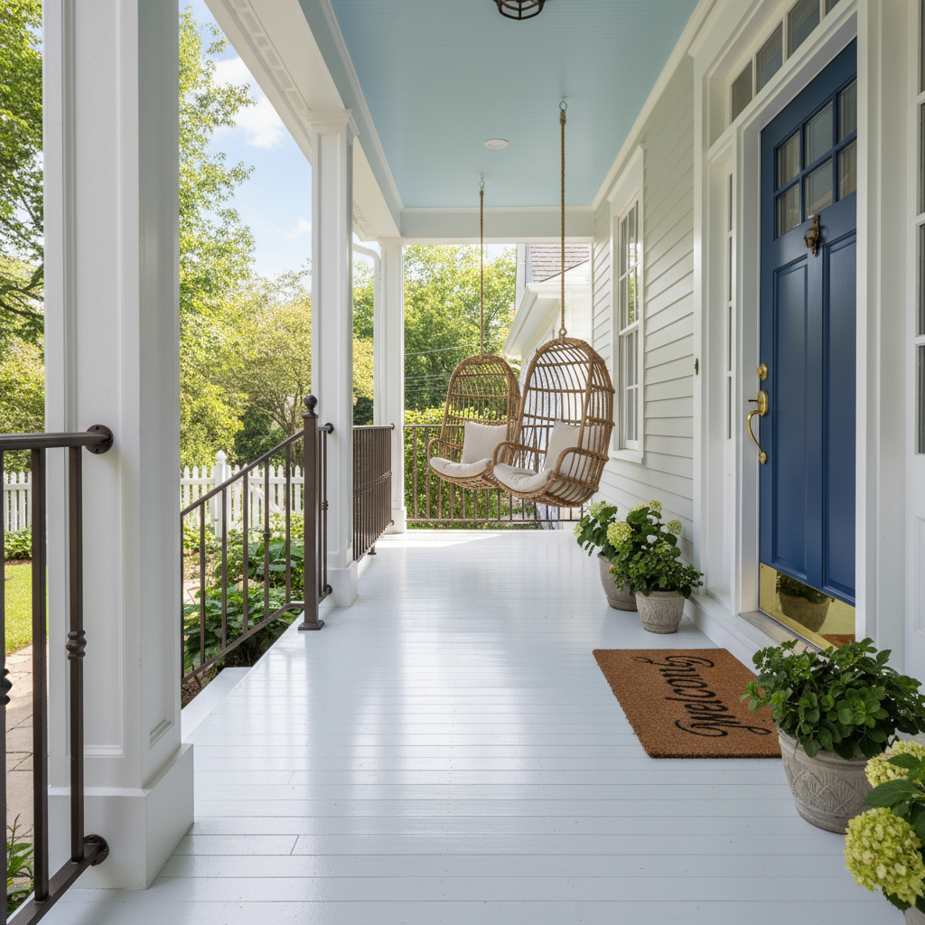 Beautifully rebuilt front porch on a classic Michigan home with white columns and fresh exterior paint on a sunny day
