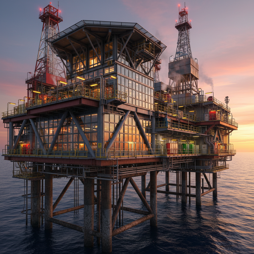 Offshore oil platform structure at dusk showing reinforced window assemblies and industrial lighting