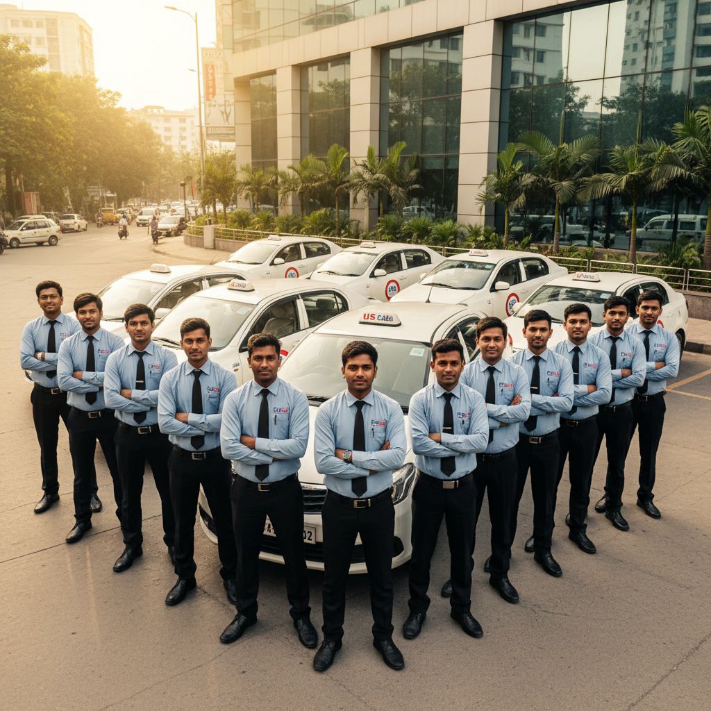 PragyaCabs founder standing next to a clean white cab in Delhi, professional and confident