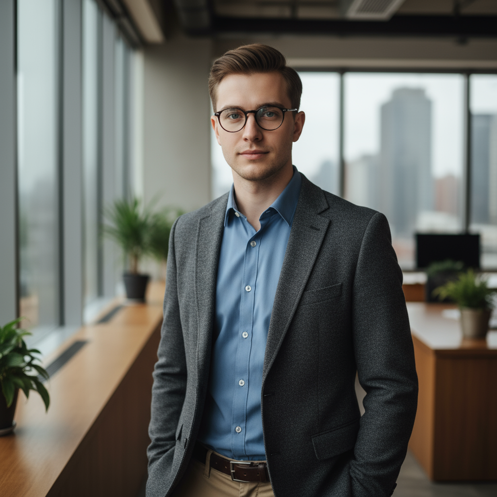 Young professional man with glasses in casual bright setting