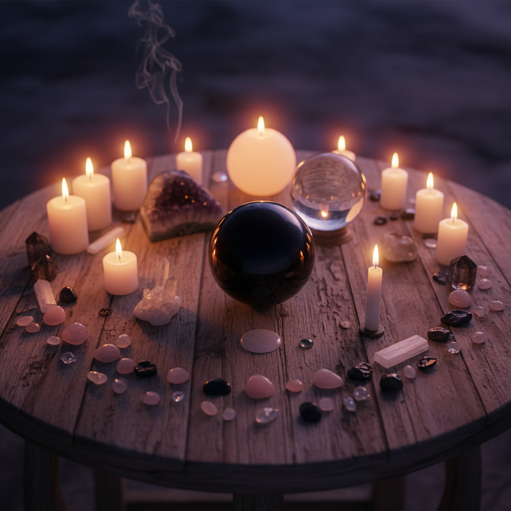 Candlelit altar with crystals, dried flowers, and a small bowl of water on a wooden shelf