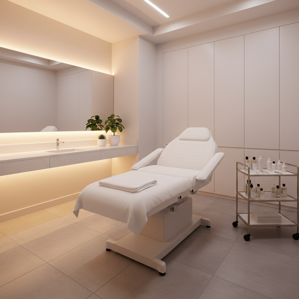 Bright airy skin care treatment room with clean white surfaces and professional equipment, well-lit spa-like clinical environment