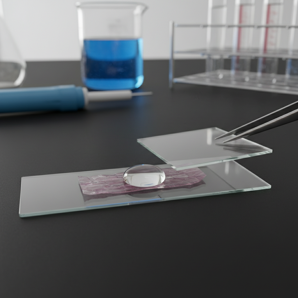 Microscope slide with onion root tip stained with crystal violet showing cell division