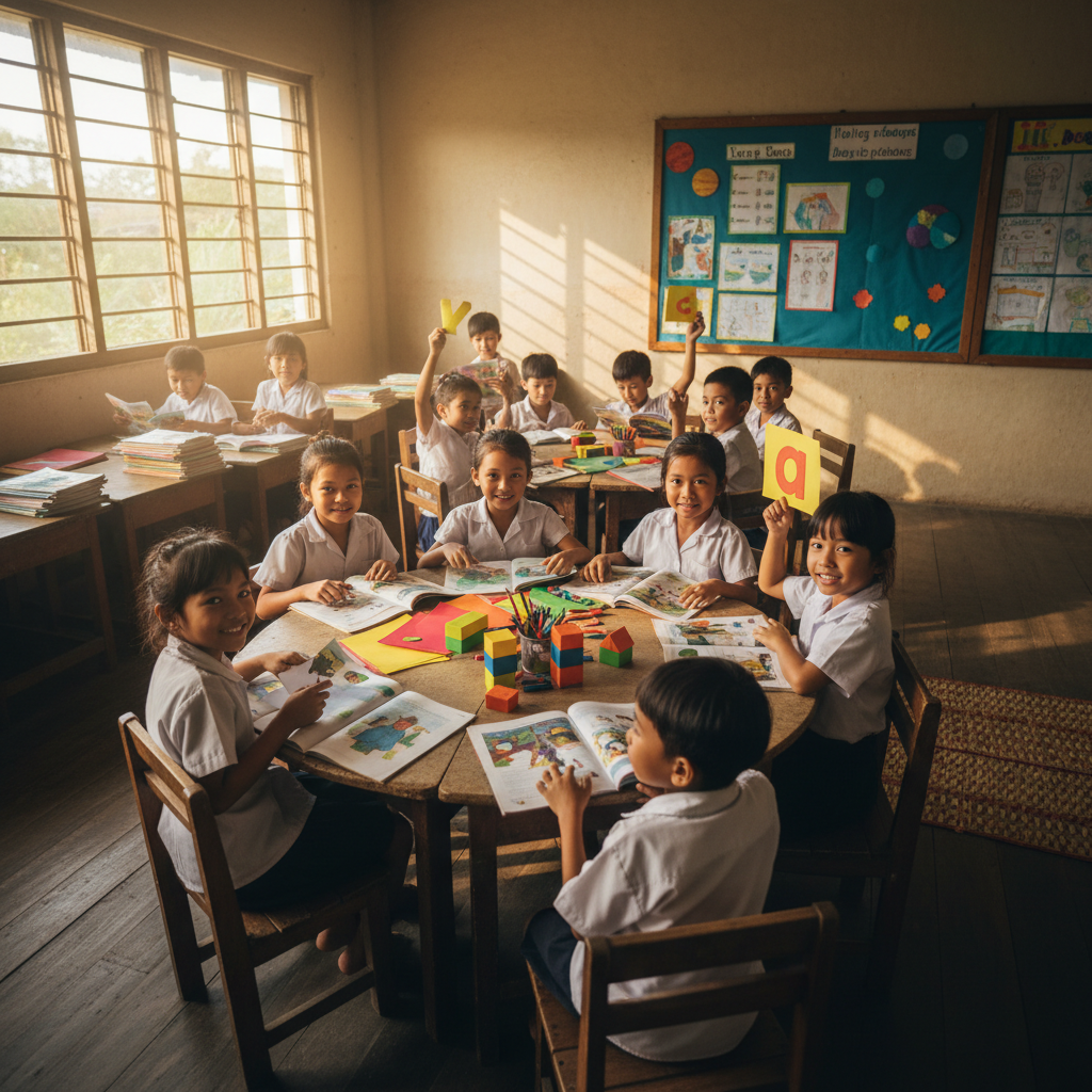 Children studying in a bright classroom with books and natural light — warm, educational, hopeful atmosphere