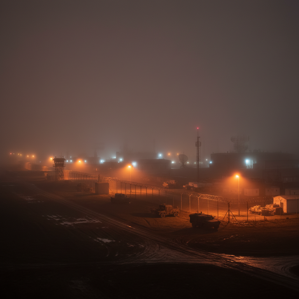Military base at night, dark industrial environment, dim floodlights, deep shadows, restricted area atmosphere