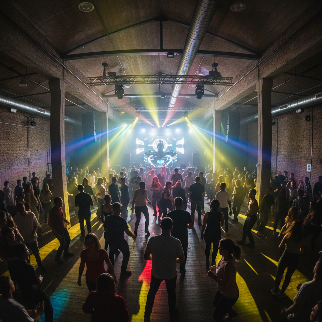 Late night dance floor in converted warehouse with dramatic colored lighting and a crowd in motion