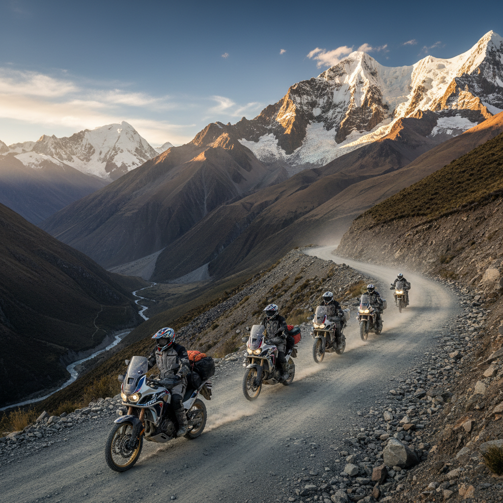 Honda riders on Andean mountain road, group adventure tour, epic landscape