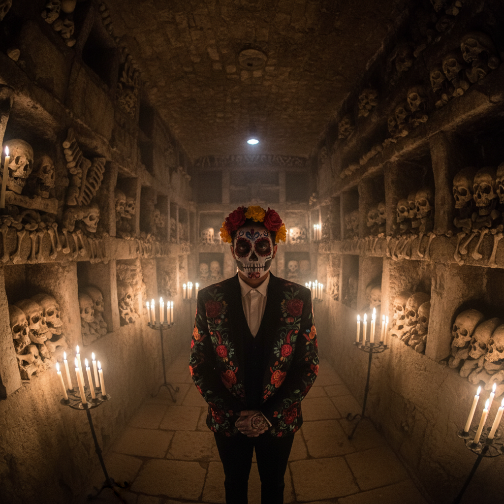 Guest in Day of the Dead makeup in the catacombs