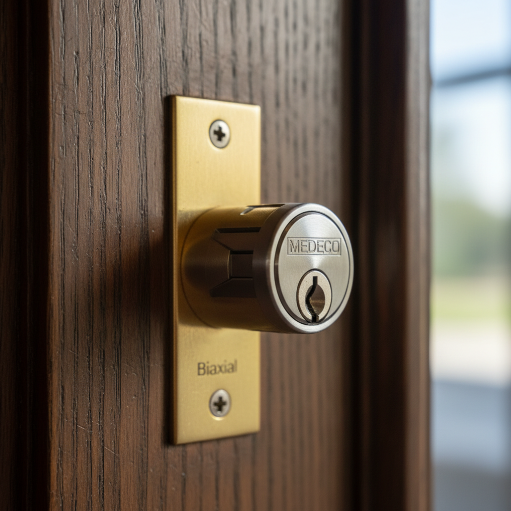 High-security Medeco cylinder installed in Pacific Heights estate door, close-up detail shot