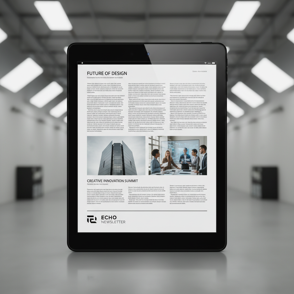 Corporate newsletter design on tablet screen, professional layout, bright modern office background