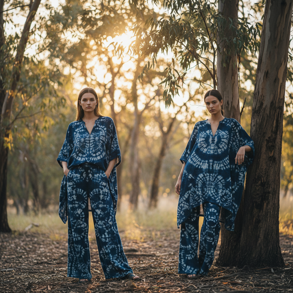 Two models in matching indigo hemp pieces, backlit by golden hour sun through eucalyptus trees