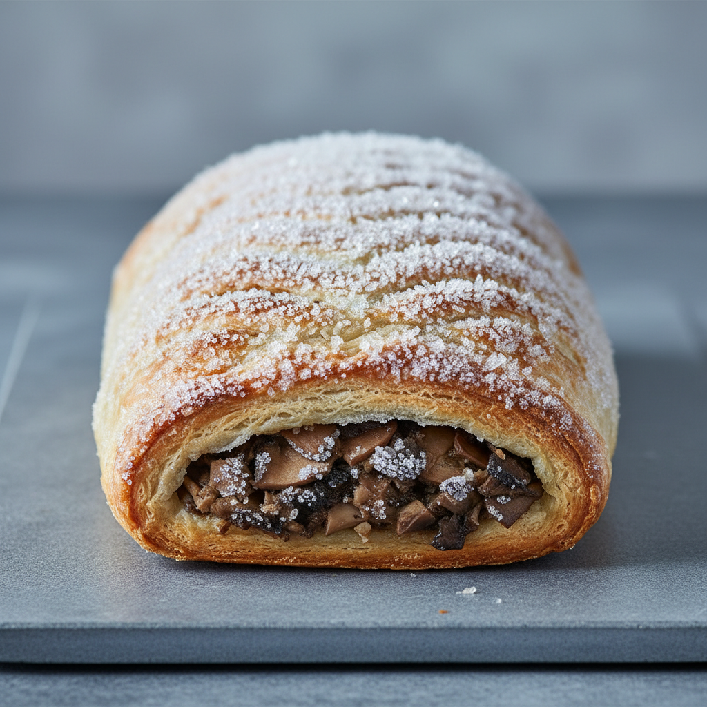 Mushroom wellington still slightly frozen with frost crystals catching light