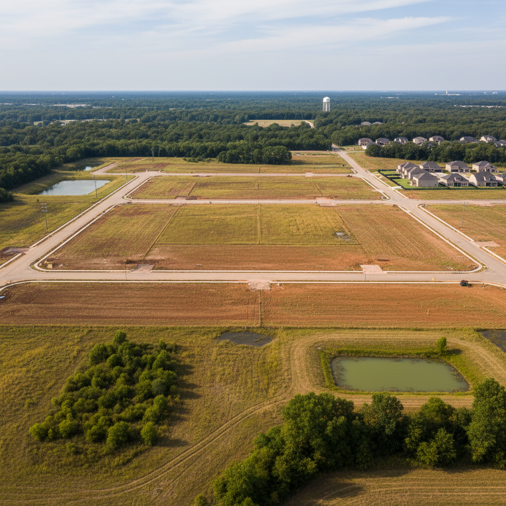 Aerial perspective of buildable land parcels in suburban growth corridor