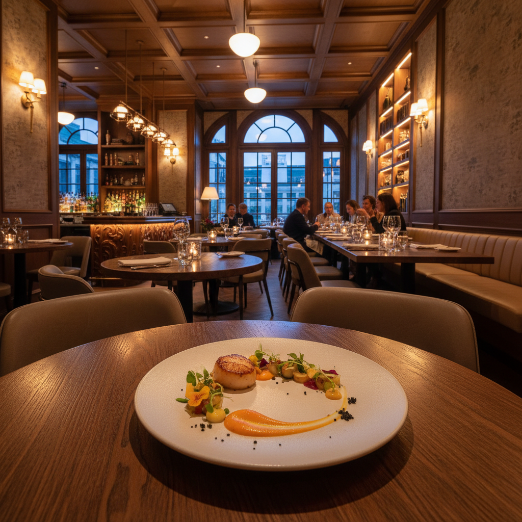 Upscale restaurant interior with warm ambient lighting and elegantly plated dishes