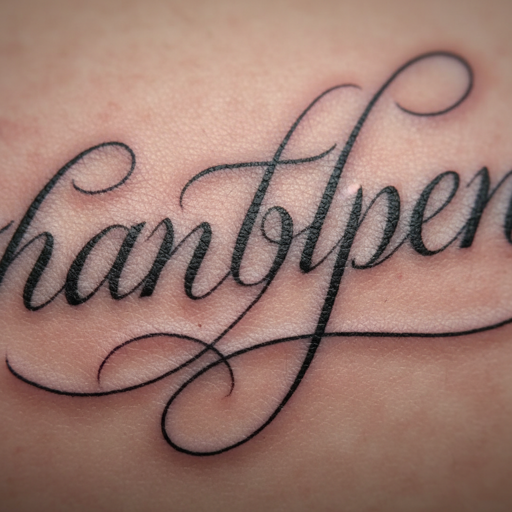Close-up of fine line tattoo linework magnified showing calligraphic precision