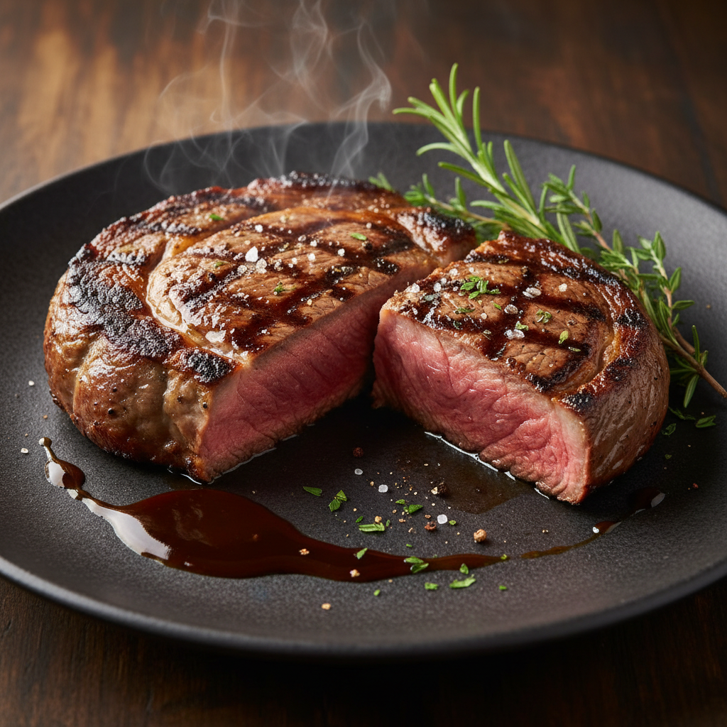 Assortiment de grillades fumantes sur un plateau en métal noir, viandes dorées avec herbes fraîches, fond sombre