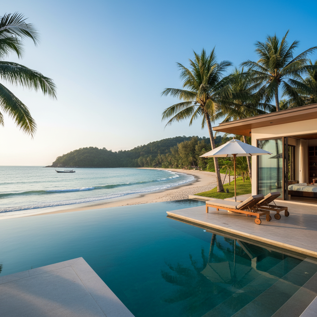 Cozy beachside villa with infinity pool at sunset