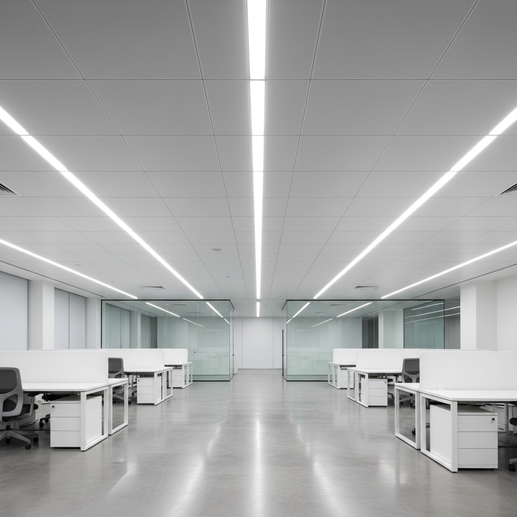 Modern commercial office space with bright overhead lighting, open plan desks and glass partitions