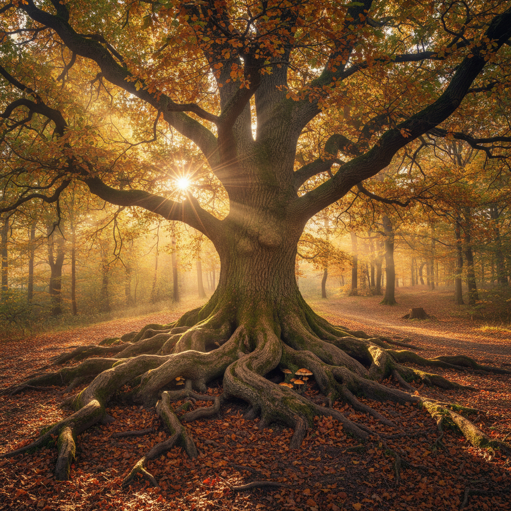 Ancient tree with massive roots spreading across a forest floor in golden autumn light