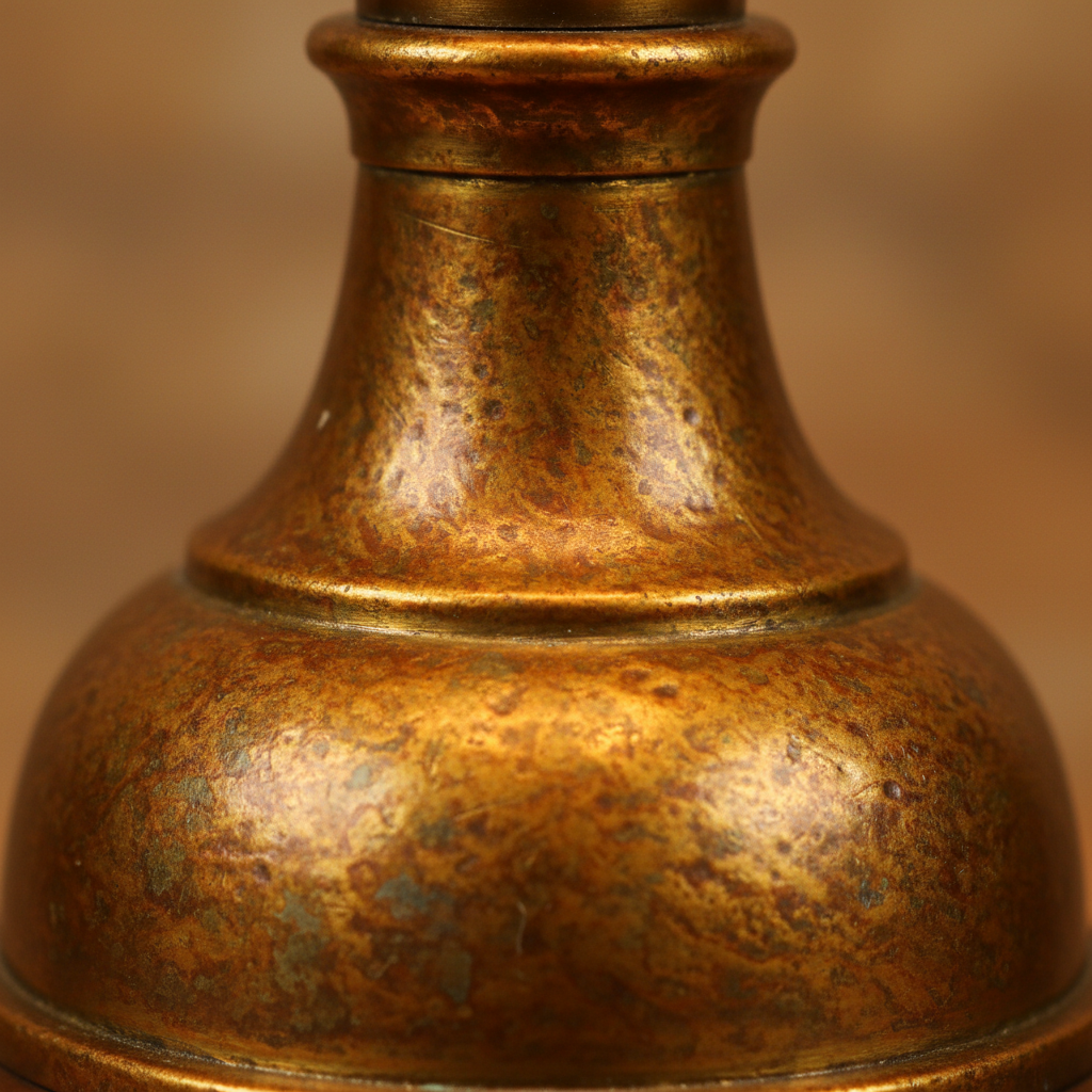 Close-up of brass lamp base showing warm metallic patina texture