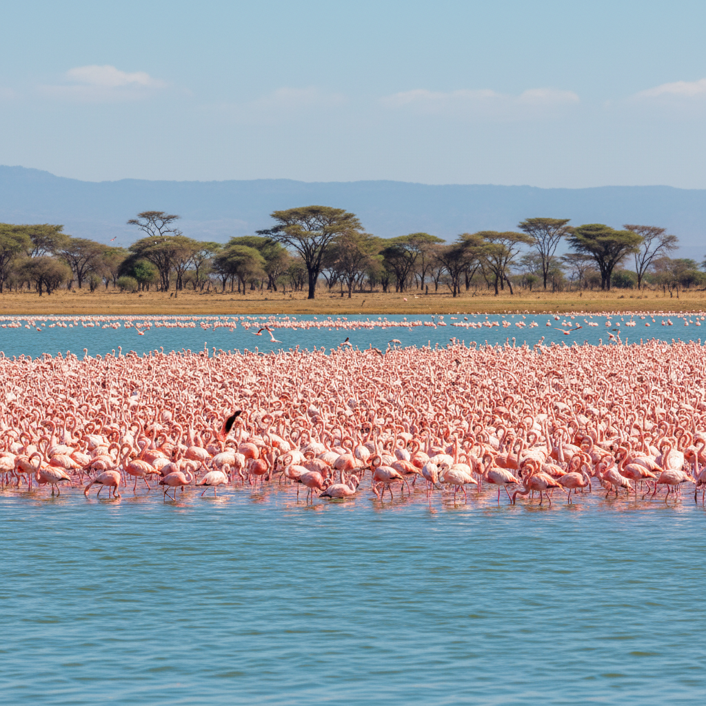 Thousands of pink flamingos on Lake Nakuru with rhino in foreground