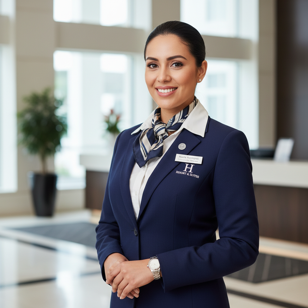 Professional woman with dark hair smiling warmly in white uniform