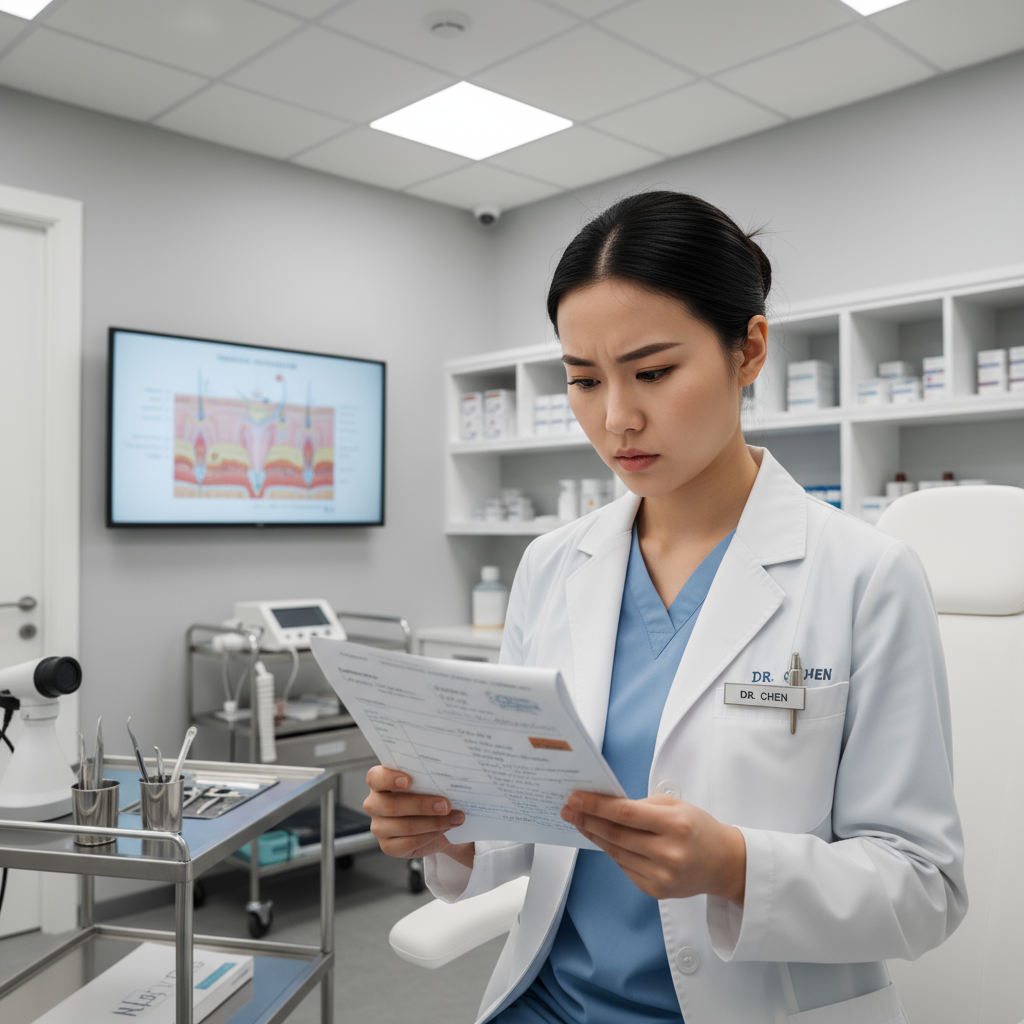 South Asian female esthetician in professional medical spa environment reviewing client chart